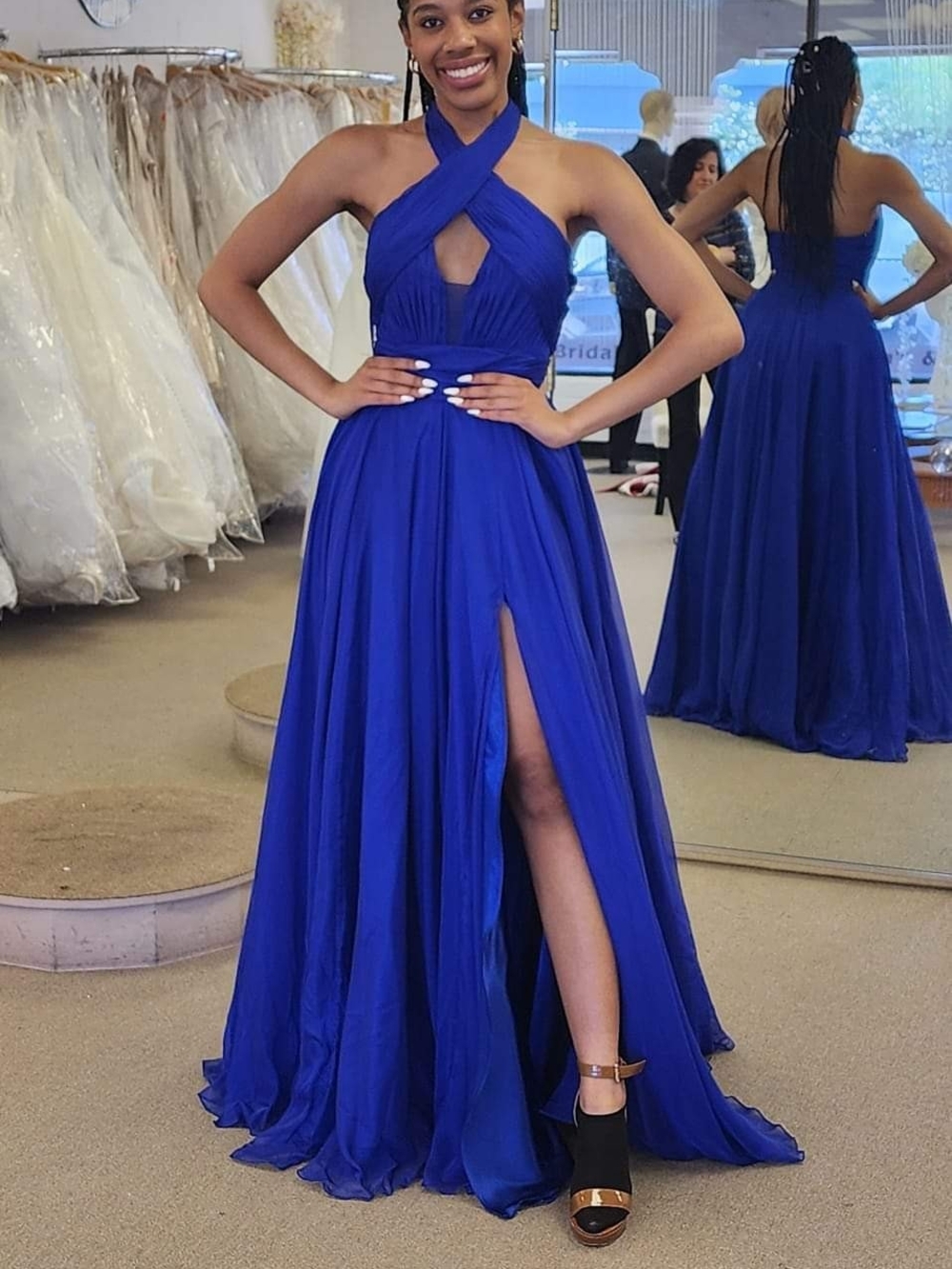 Jovani Cobalt Blue Halter Prom Gown with High Slit